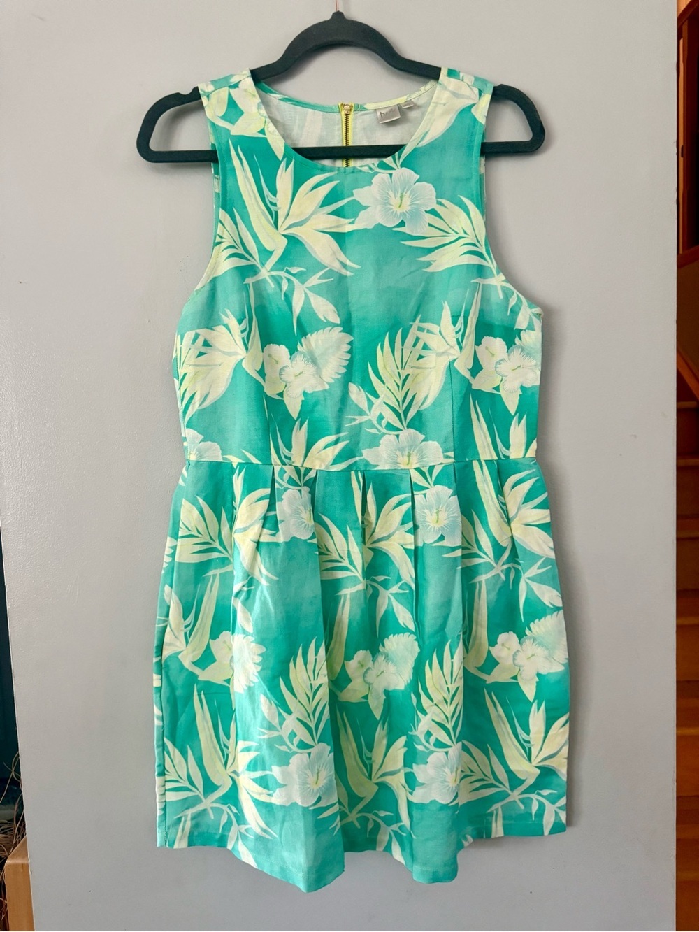Twik Simons Tropical Floral A-Line Dress Aqua Teal Green Yellow Pockets Large